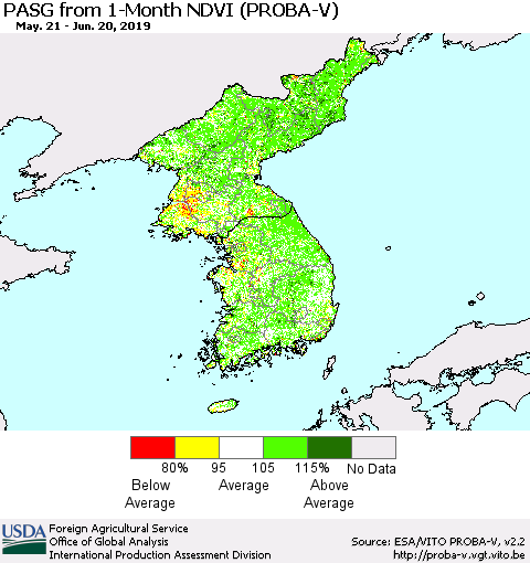 Korea PASG from 1-Month NDVI (PROBA-V) Thematic Map For 6/11/2019 - 6/20/2019