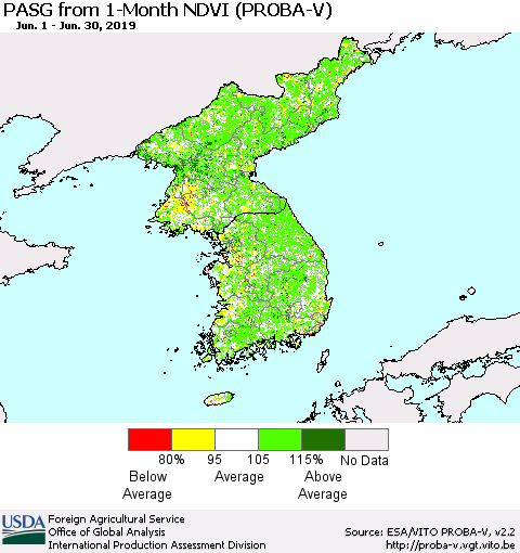 Korea PASG from 1-Month NDVI (PROBA-V) Thematic Map For 6/21/2019 - 6/30/2019