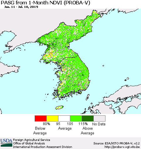 Korea PASG from 1-Month NDVI (PROBA-V) Thematic Map For 7/1/2019 - 7/10/2019