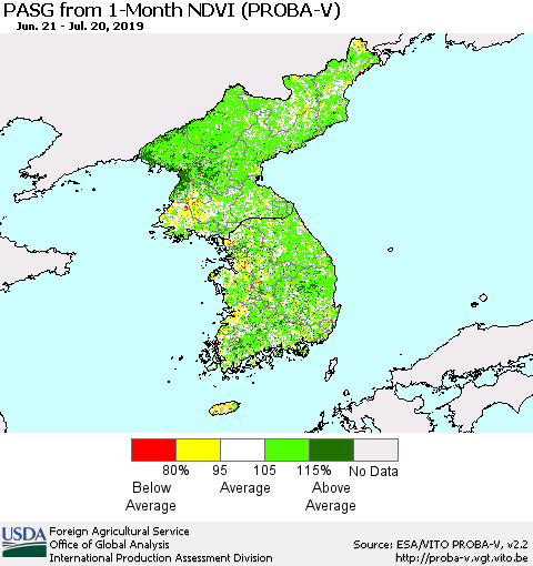 Korea PASG from 1-Month NDVI (PROBA-V) Thematic Map For 7/11/2019 - 7/20/2019