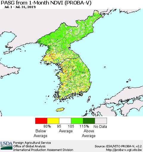 Korea PASG from 1-Month NDVI (PROBA-V) Thematic Map For 7/21/2019 - 7/31/2019