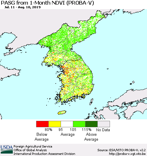 Korea PASG from 1-Month NDVI (PROBA-V) Thematic Map For 8/1/2019 - 8/10/2019