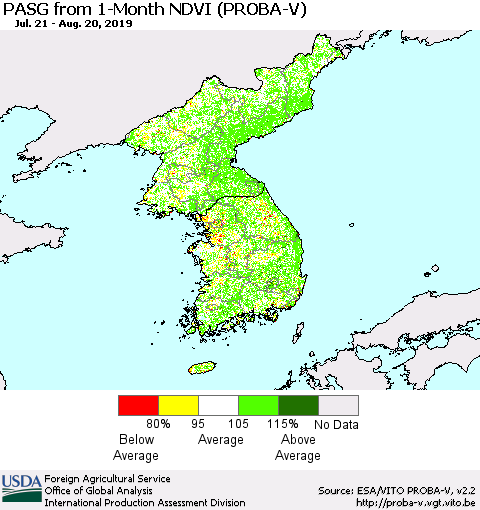 Korea PASG from 1-Month NDVI (PROBA-V) Thematic Map For 8/11/2019 - 8/20/2019
