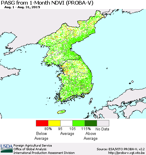 Korea PASG from 1-Month NDVI (PROBA-V) Thematic Map For 8/21/2019 - 8/31/2019