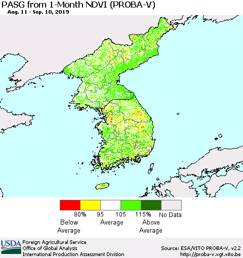 Korea PASG from 1-Month NDVI (PROBA-V) Thematic Map For 9/1/2019 - 9/10/2019