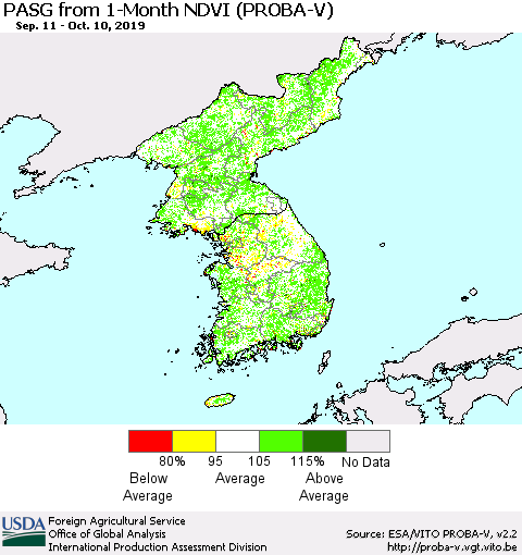 Korea PASG from 1-Month NDVI (PROBA-V) Thematic Map For 10/1/2019 - 10/10/2019