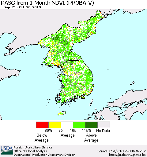 Korea PASG from 1-Month NDVI (PROBA-V) Thematic Map For 10/11/2019 - 10/20/2019