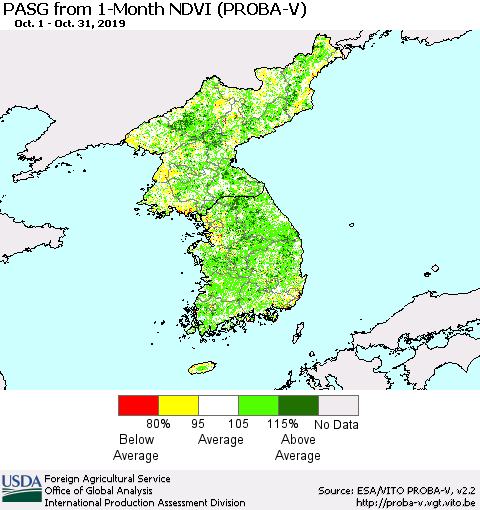 Korea PASG from 1-Month NDVI (PROBA-V) Thematic Map For 10/21/2019 - 10/31/2019