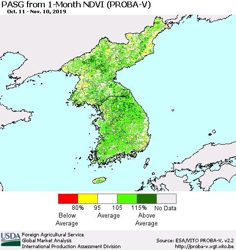 Korea PASG from 1-Month NDVI (PROBA-V) Thematic Map For 11/1/2019 - 11/10/2019