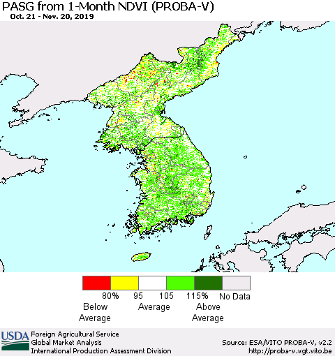 Korea PASG from 1-Month NDVI (PROBA-V) Thematic Map For 11/11/2019 - 11/20/2019