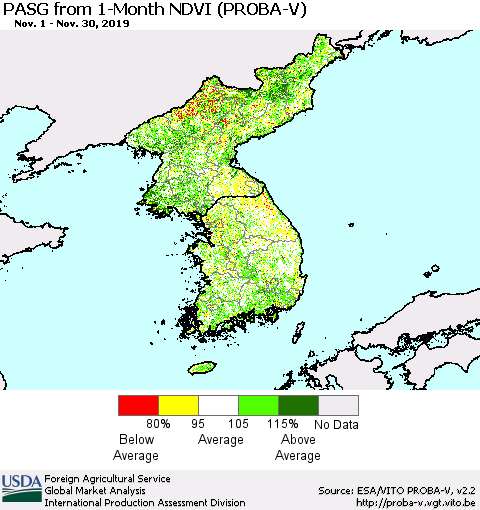 Korea PASG from 1-Month NDVI (PROBA-V) Thematic Map For 11/21/2019 - 11/30/2019