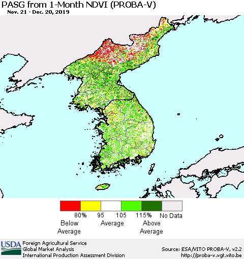 Korea PASG from 1-Month NDVI (PROBA-V) Thematic Map For 12/11/2019 - 12/20/2019