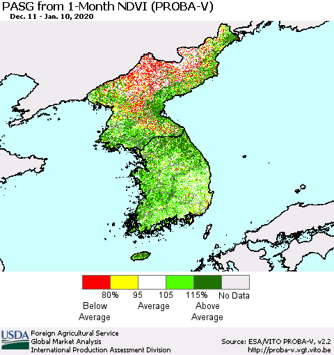 Korea PASG from 1-Month NDVI (PROBA-V) Thematic Map For 1/1/2020 - 1/10/2020