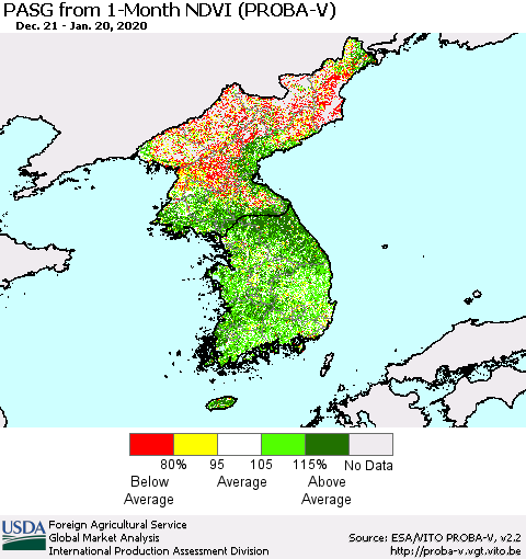 Korea PASG from 1-Month NDVI (PROBA-V) Thematic Map For 1/11/2020 - 1/20/2020
