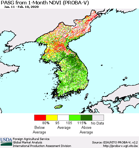 Korea PASG from 1-Month NDVI (PROBA-V) Thematic Map For 2/1/2020 - 2/10/2020
