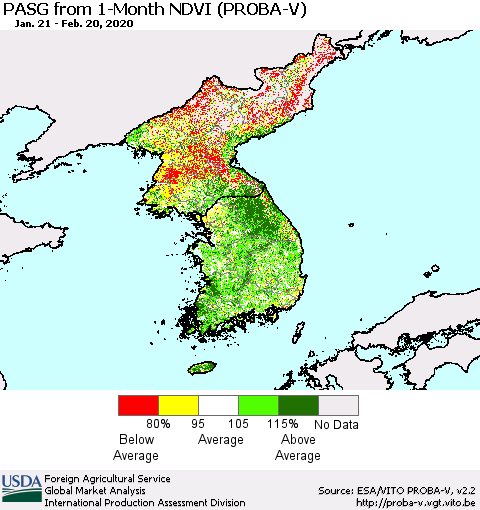 Korea PASG from 1-Month NDVI (PROBA-V) Thematic Map For 2/11/2020 - 2/20/2020