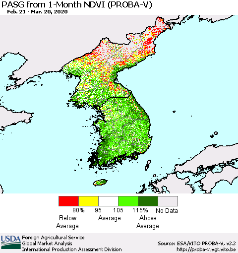 Korea PASG from 1-Month NDVI (PROBA-V) Thematic Map For 3/11/2020 - 3/20/2020