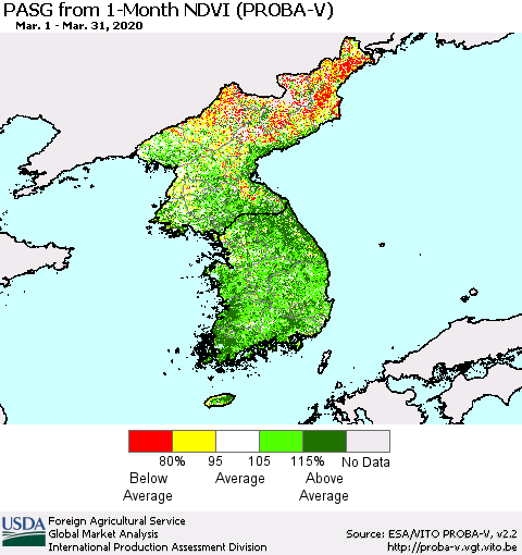 Korea PASG from 1-Month NDVI (PROBA-V) Thematic Map For 3/21/2020 - 3/31/2020