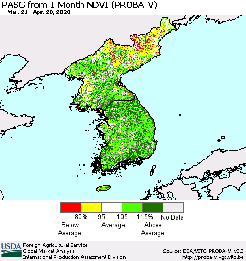 Korea PASG from 1-Month NDVI (PROBA-V) Thematic Map For 4/11/2020 - 4/20/2020
