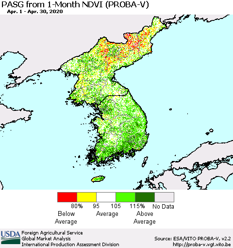 Korea PASG from 1-Month NDVI (PROBA-V) Thematic Map For 4/21/2020 - 4/30/2020