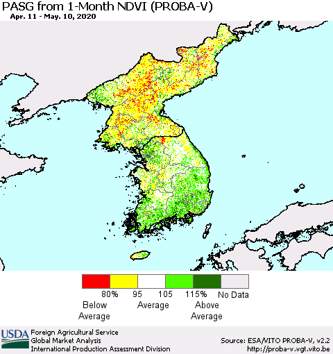Korea PASG from 1-Month NDVI (PROBA-V) Thematic Map For 5/1/2020 - 5/10/2020