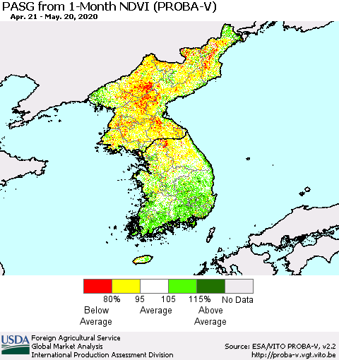 Korea PASG from 1-Month NDVI (PROBA-V) Thematic Map For 5/11/2020 - 5/20/2020