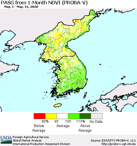 Korea PASG from 1-Month NDVI (PROBA-V) Thematic Map For 5/21/2020 - 5/31/2020