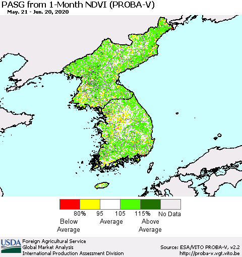 Korea PASG from 1-Month NDVI (PROBA-V) Thematic Map For 6/11/2020 - 6/20/2020