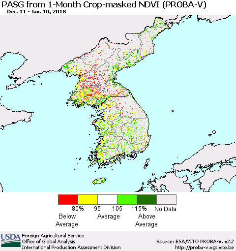 Korea PASG from 1-Month Crop-masked NDVI (PROBA-V) Thematic Map For 1/1/2018 - 1/10/2018