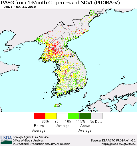 Korea PASG from 1-Month Crop-masked NDVI (PROBA-V) Thematic Map For 1/21/2018 - 1/31/2018