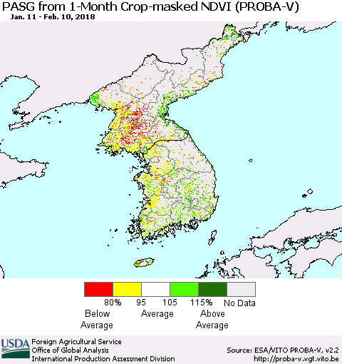 Korea PASG from 1-Month Crop-masked NDVI (PROBA-V) Thematic Map For 2/1/2018 - 2/10/2018