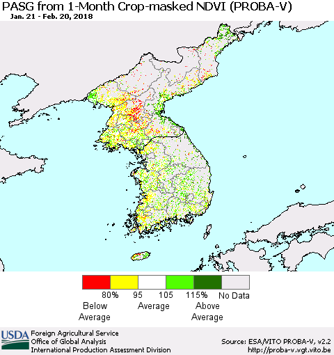 Korea PASG from 1-Month Crop-masked NDVI (PROBA-V) Thematic Map For 2/11/2018 - 2/20/2018
