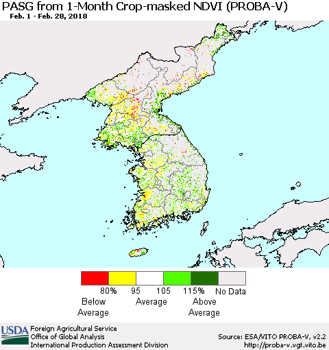 Korea PASG from 1-Month Crop-masked NDVI (PROBA-V) Thematic Map For 2/21/2018 - 2/28/2018