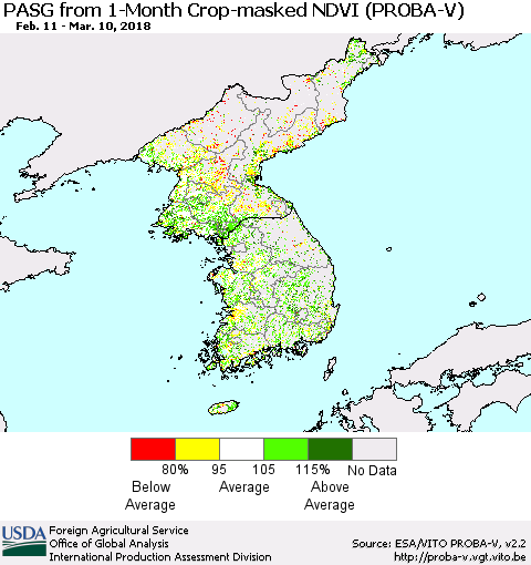 Korea PASG from 1-Month Crop-masked NDVI (PROBA-V) Thematic Map For 3/1/2018 - 3/10/2018