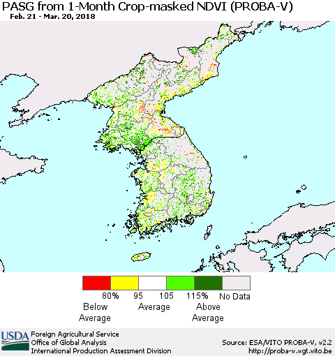 Korea PASG from 1-Month Crop-masked NDVI (PROBA-V) Thematic Map For 3/11/2018 - 3/20/2018