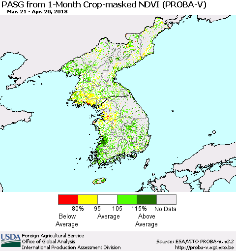Korea PASG from 1-Month Crop-masked NDVI (PROBA-V) Thematic Map For 4/11/2018 - 4/20/2018