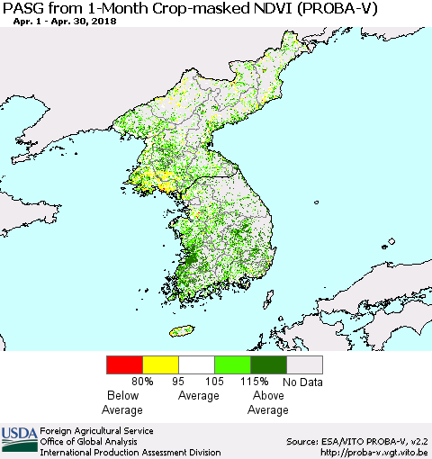 Korea PASG from 1-Month Crop-masked NDVI (PROBA-V) Thematic Map For 4/21/2018 - 4/30/2018