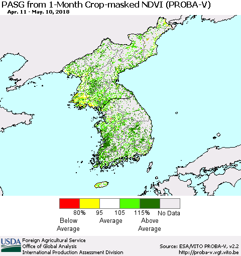 Korea PASG from 1-Month Crop-masked NDVI (PROBA-V) Thematic Map For 5/1/2018 - 5/10/2018