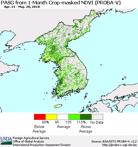 Korea PASG from 1-Month Crop-masked NDVI (PROBA-V) Thematic Map For 5/11/2018 - 5/20/2018