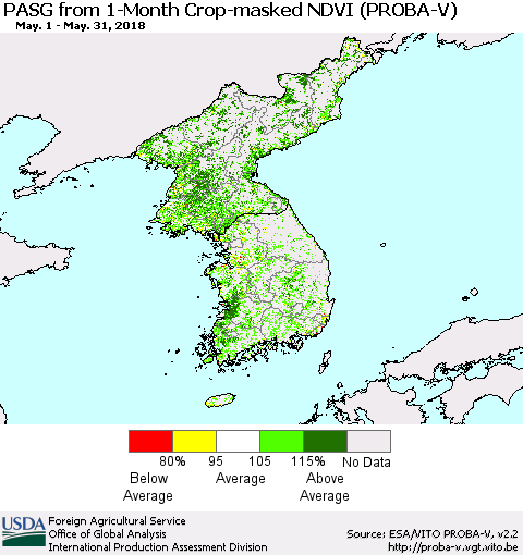 Korea PASG from 1-Month Crop-masked NDVI (PROBA-V) Thematic Map For 5/21/2018 - 5/31/2018