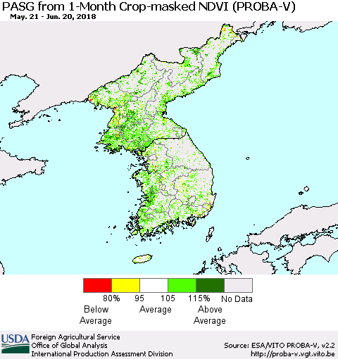 Korea PASG from 1-Month Crop-masked NDVI (PROBA-V) Thematic Map For 6/11/2018 - 6/20/2018