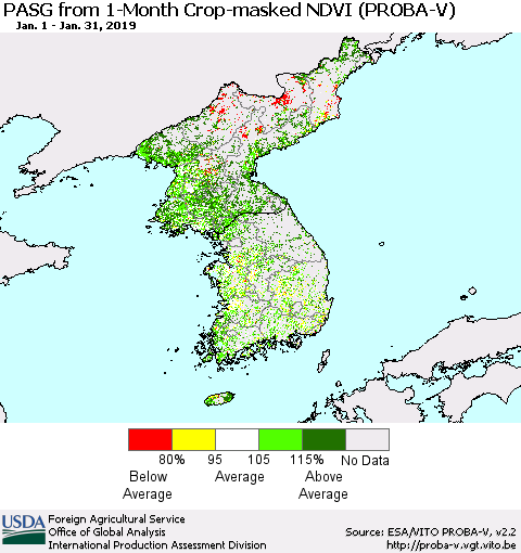 Korea PASG from 1-Month Crop-masked NDVI (PROBA-V) Thematic Map For 1/21/2019 - 1/31/2019