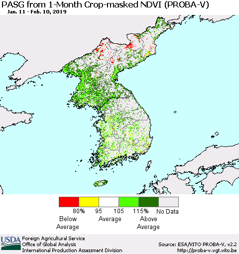Korea PASG from 1-Month Crop-masked NDVI (PROBA-V) Thematic Map For 2/1/2019 - 2/10/2019