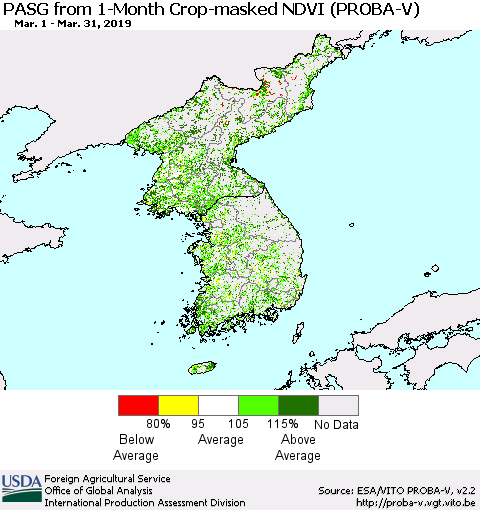 Korea PASG from 1-Month Crop-masked NDVI (PROBA-V) Thematic Map For 3/21/2019 - 3/31/2019