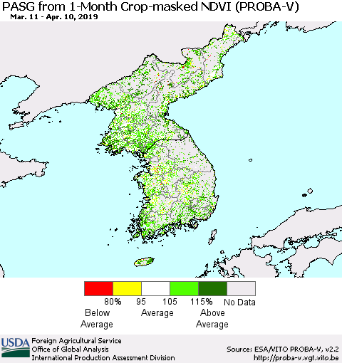 Korea PASG from 1-Month Crop-masked NDVI (PROBA-V) Thematic Map For 4/1/2019 - 4/10/2019