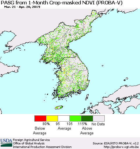 Korea PASG from 1-Month Crop-masked NDVI (PROBA-V) Thematic Map For 4/11/2019 - 4/20/2019