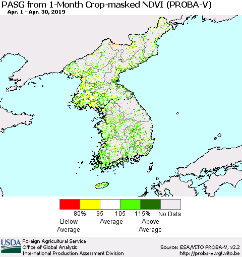 Korea PASG from 1-Month Crop-masked NDVI (PROBA-V) Thematic Map For 4/21/2019 - 4/30/2019