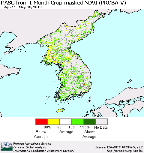 Korea PASG from 1-Month Crop-masked NDVI (PROBA-V) Thematic Map For 5/1/2019 - 5/10/2019