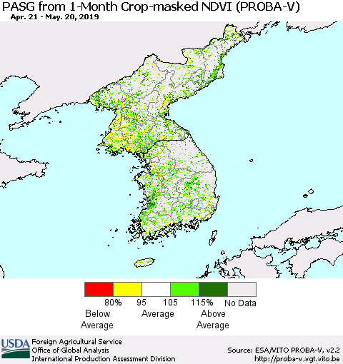 Korea PASG from 1-Month Crop-masked NDVI (PROBA-V) Thematic Map For 5/11/2019 - 5/20/2019