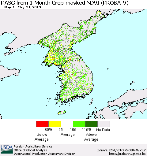 Korea PASG from 1-Month Crop-masked NDVI (PROBA-V) Thematic Map For 5/21/2019 - 5/31/2019
